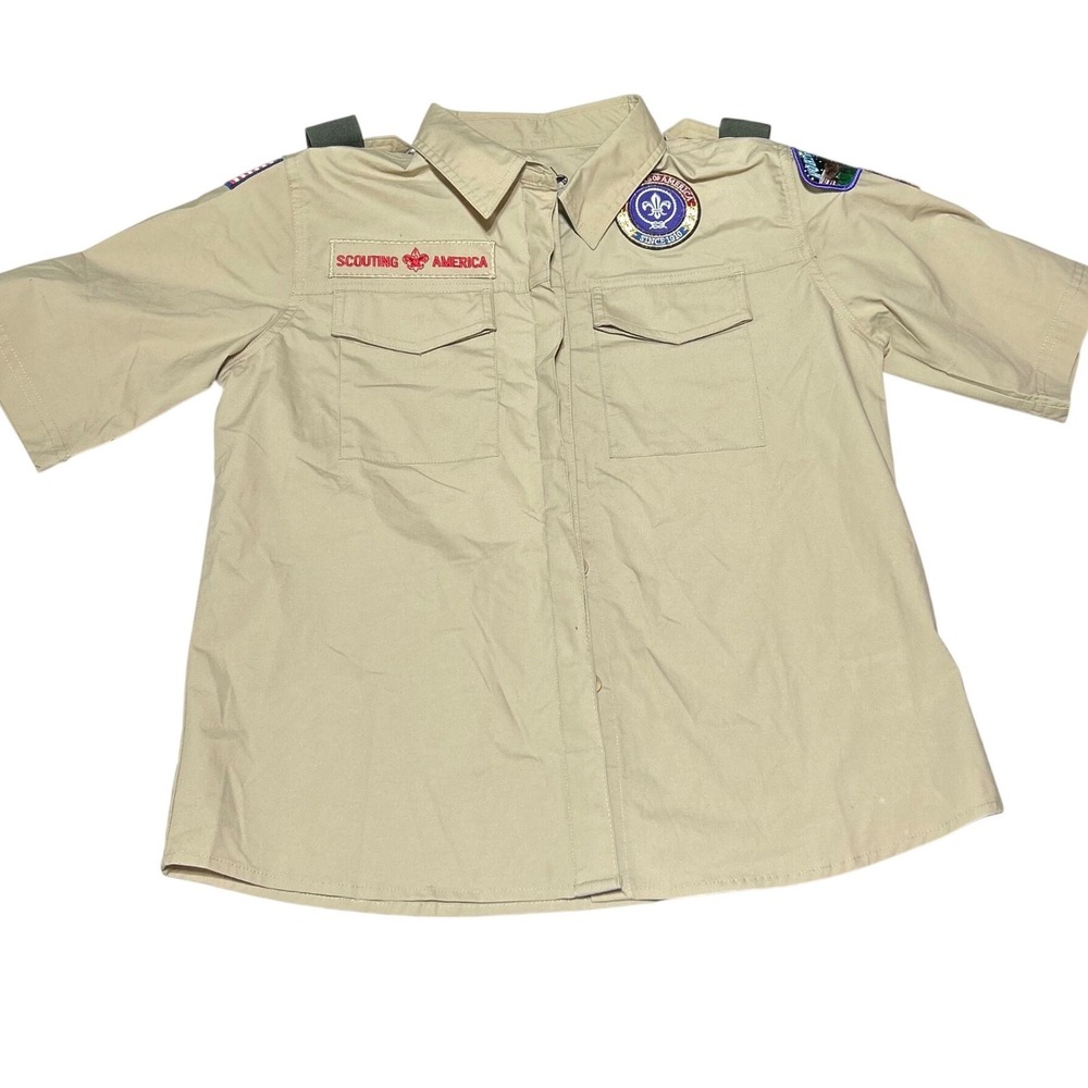 Boy Scouts of America Girls XL Tan Short Sleeve Uniform Shirt Patches Troop 89